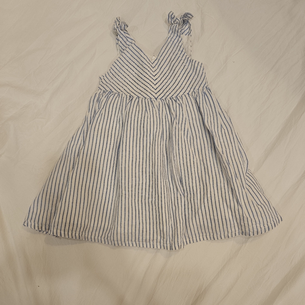 Hope & Henry Bow Shoulder Swing Dress Blue Stripe 6-12m Organic Cotton and Linen